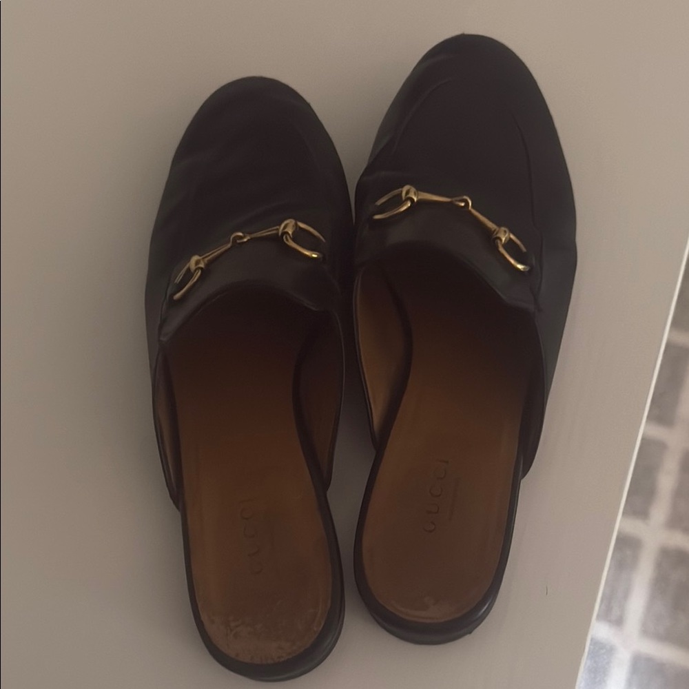 Gucci Black Mules with Gold Hardware